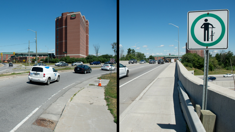 Two images: At left, the bike lane that tapers off on the edge of the road. At right, the sign prompting cyclists to walk their bikes across the bridge.