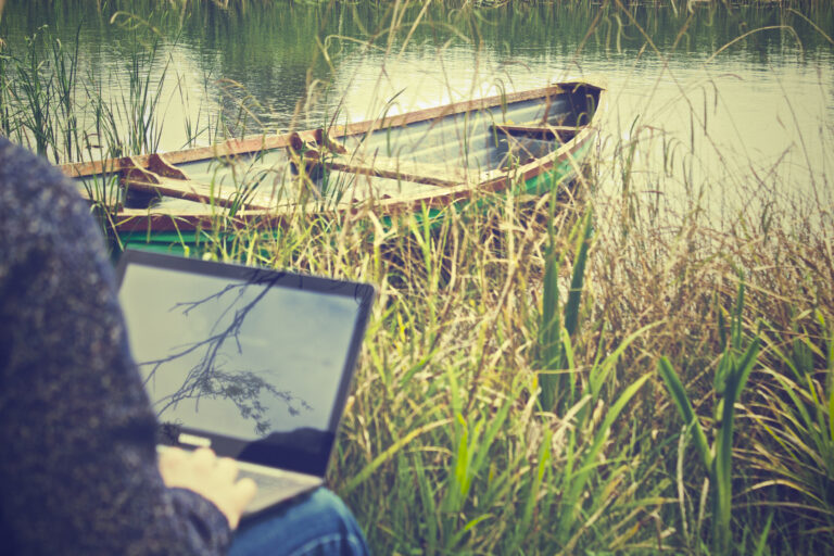 A person sits at the water's edge with a laptop.