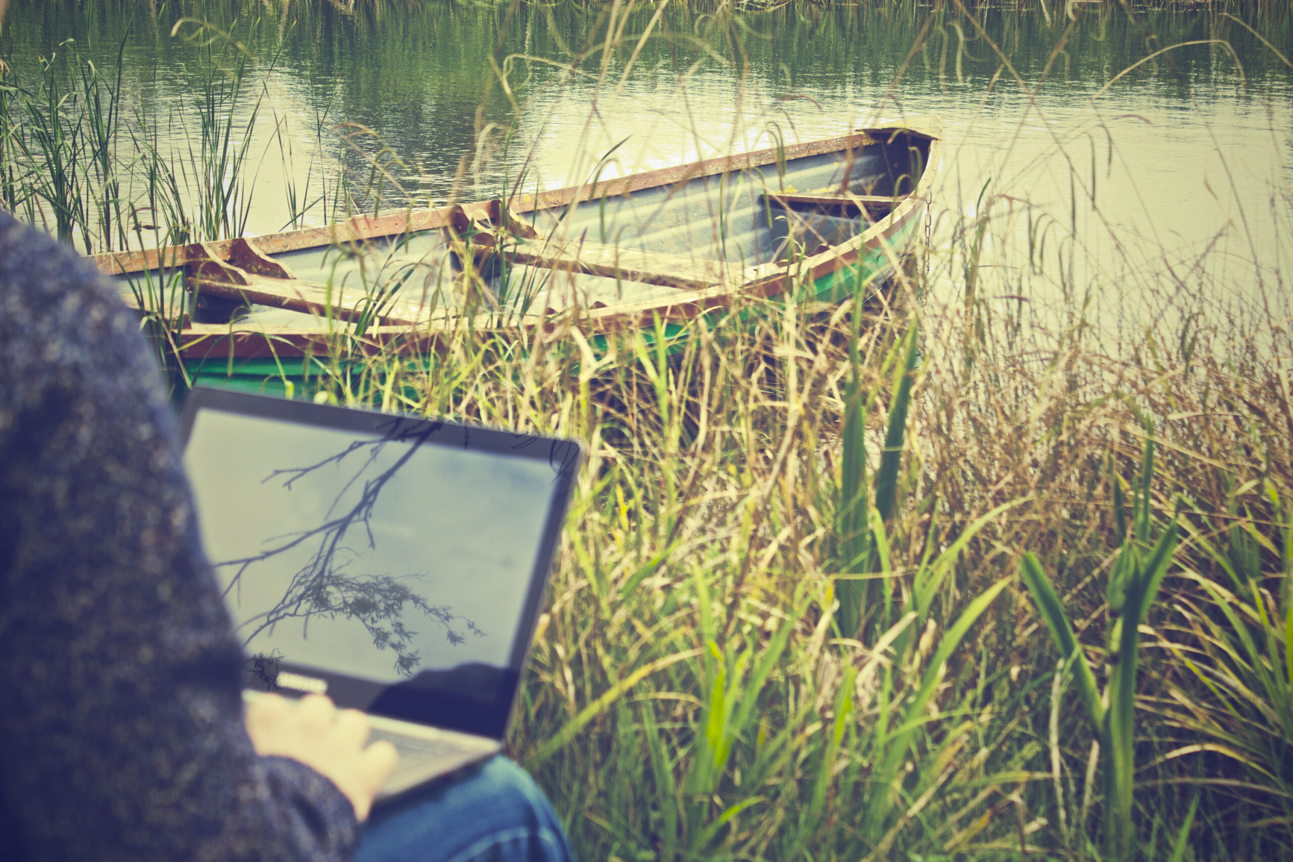 A person sits at the water's edge with a laptop.