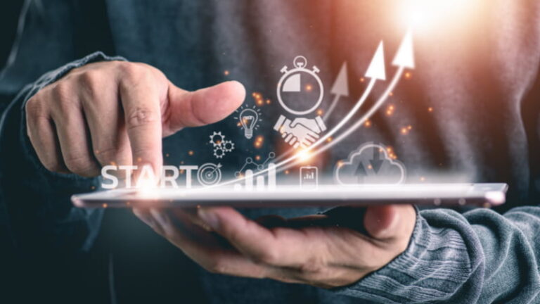 A graphic showing a man using a mobile tablet.