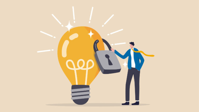An illustration of a man attaching a padlock to a lightbulb