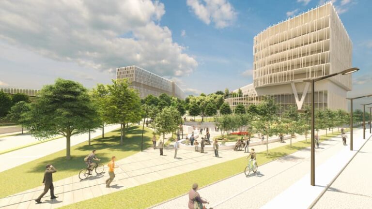 An illustrator's rendering of a park-like urban plaza