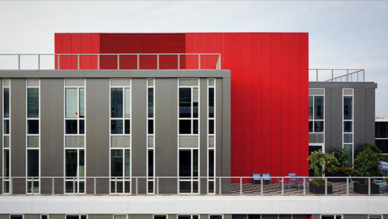 The front of an office building.