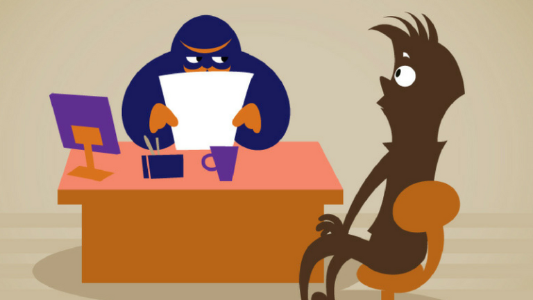 A sneaky looking figure looks out at someone from across a desk