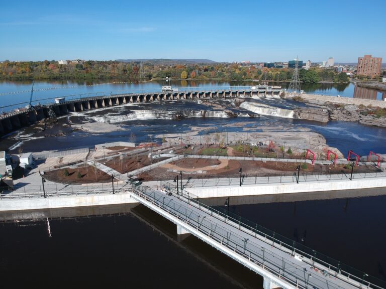 An aerial view of the Chaudière Falls site