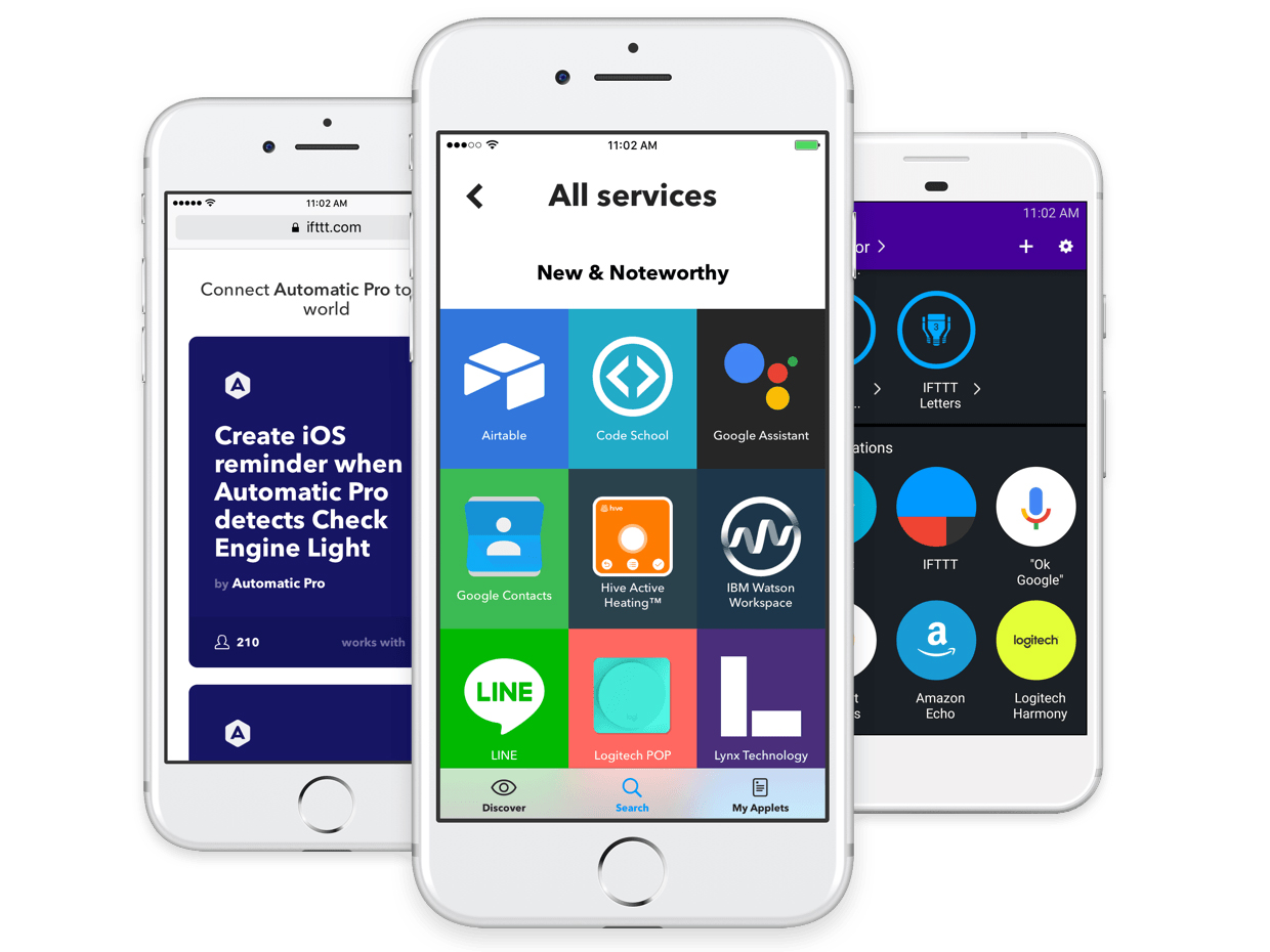 A shot of the IFTTT app open on several iPhones.