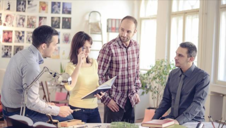 A group of people engaged in discussion.