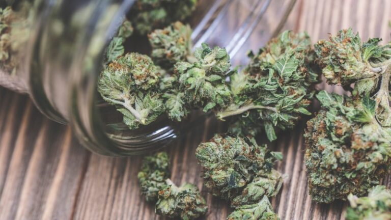 A closeup shot shows dried cannabis spilling out of a jar onto a tabletop