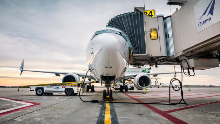 A plane berthed at the Ottawa International Airport