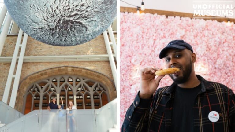 Left image shows a large globe right image shows a man tasting a sweet treat