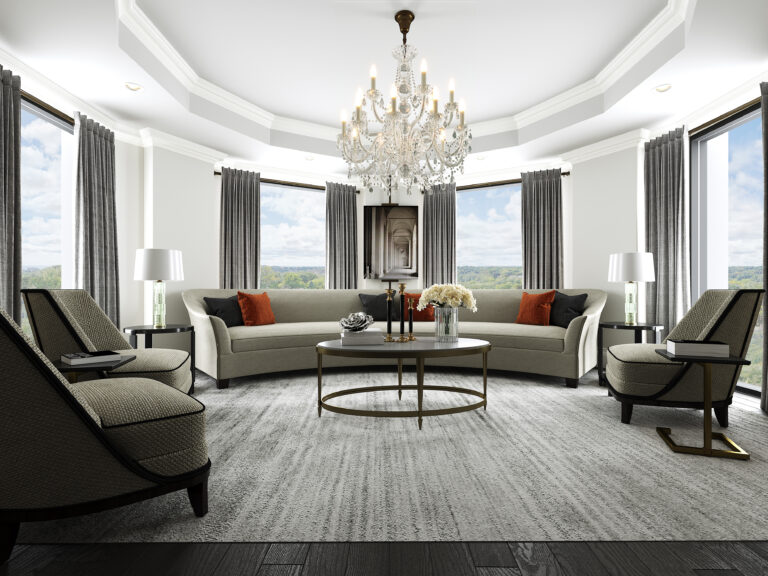 A rendering of a living room in a 1451 Wellington unit