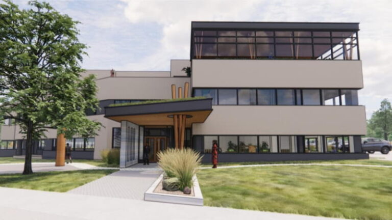 A rendering of the new design for a building