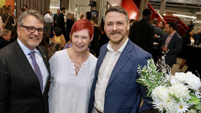 From left, Gowling WLG partner Domenic Crolla with ABLE2 executive director Heather Lacey and its board chair, Nick Korhonen, at the Reach Beyond: Impacting the Future event held Thursday, Sept. 28, 2023, at Bayview Yards. Photo by Caroline Phillips