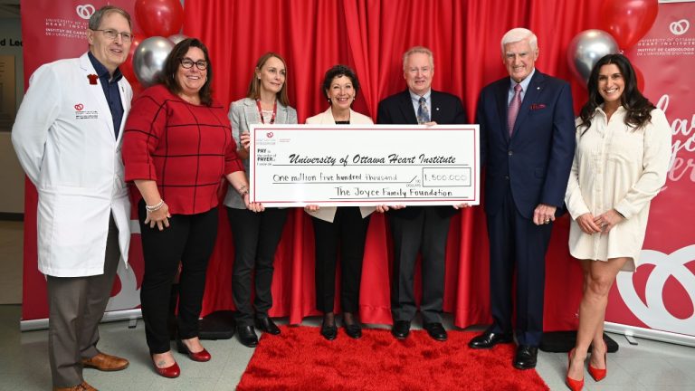 Members of the UOHI, the UOHI Foundation and the Joyce Family Foundation at an official gift announcement held at the UOHI. From left to right: Dr. Rob Beanlands (deputy director general of the UOHI); Bonnie Bowes, vice-president and chief nursing officer; Elizabeth Roscoe, chair of the Board of Directors of the UOHI Foundation; the Honourable Ed Lumley, trustee of the Joyce Family Foundation and former UOHI Board Member; Paul LaBarge, C.M., former chair of the UOHI Board; Lianne Laing, vice-president of philanthropy at UOHI and president of UOHI Foundation; and, Erika MacPhee, vice-president of Clinical Service & Administration.