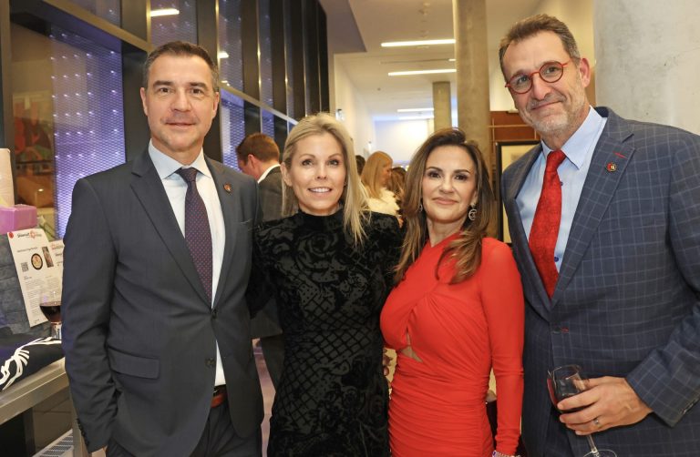 From left, Steve Staios, general manager and president of hockey operations for the Ottawa Senators, with his wife, Susannah Staios, and Lucie Andlauer and her husband, Michael Andlauer, owner of the Ottawa Senators, at the SnowBall held at the Ottawa Art Gallery on Wednesday, Feb. 28, 2024, in support of the Snowsuit Fund of Ottawa. Photo by Caroline Phillips