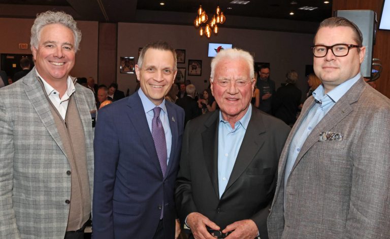 From left, Keystone Awards founder Dean French, Ottawa Mayor Mark Sutcliffe, Canadian automotive legend Frank Stronach and Fraser Sutherland, head of The Sutherland Investment Group at CIBC Wood Gundy, at the inaugural Keystone Awards for Job Creation. Photo by Caroline Phillips