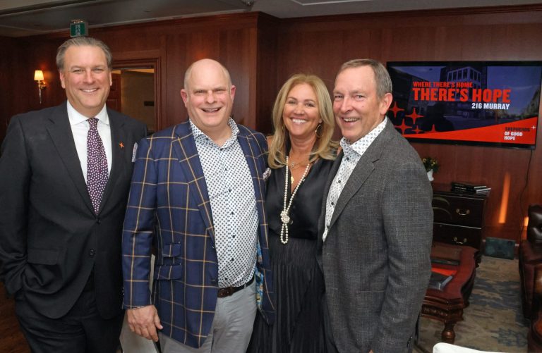 From left, community and business leaders David Gourlay, Shawn Hamilton, Mary Taggart and Chris Taggart at the Rideau Club on Thursday, April 25, 2024, for a special fundraising event for Shepherds of Good Hope's new supportive housing residence and multi-use space at 216 Murray St. Photo by Caroline Phillips