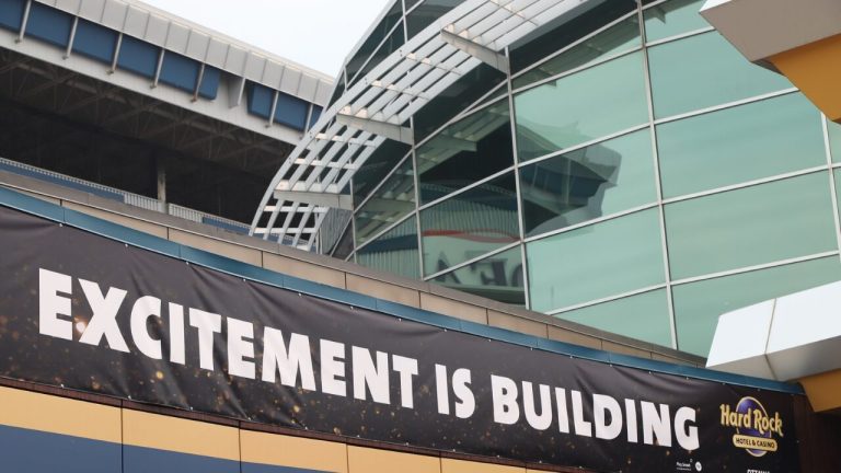 "Excitement is Building" banner hanging outside the Rideau Carleton Hard Rock Casino