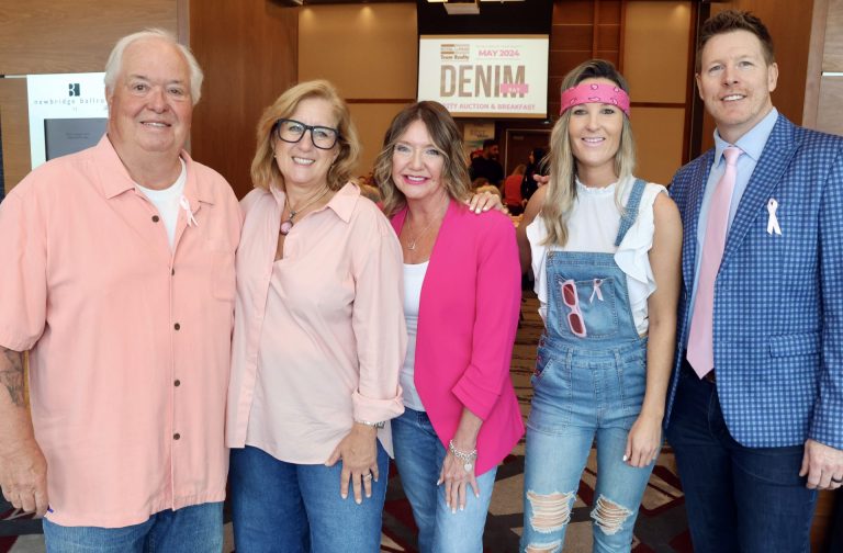 From left, Kent Browne, broker and founder of Royal LePage Team Realty, with his wife, community volunteer Mary Browne, Queensway Carleton Hospital Foundation president and CEO Shannon Gorman, organizer Julie McLaughlin, also with Royal LePage Team Realty, and Jason Ralph, broker of record and president of Royal LePage Team Realty, at the Denim Day breakfast fundraiser held at the Brookstreet Hotel on Tuesday, May 21, 2024, in support of QCH and CHEO. Photo by Caroline Phillips