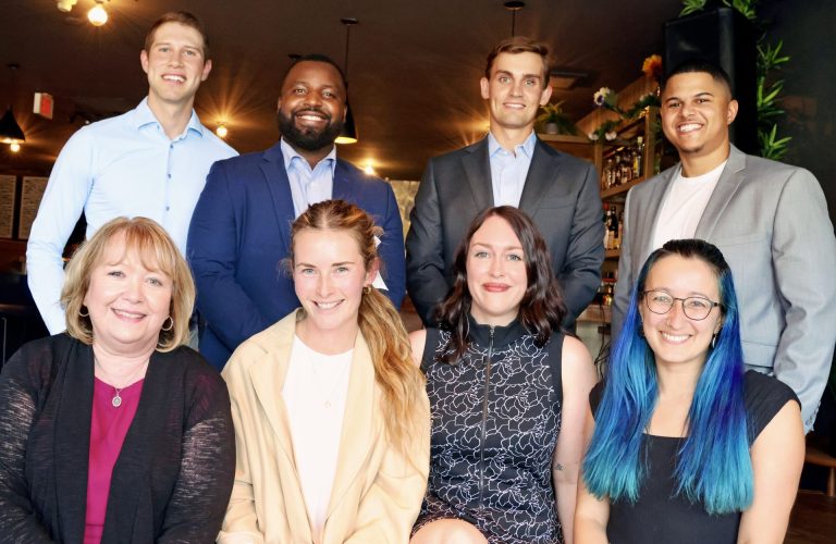 YSB Foundation executive director Patti Murphy (bottom left) with YPN members, top left, Josh Wex (Accenture), Patrick Twagirayezu (Emond Harnden LLP), Tom McComb (BMO Nesbitt Burns), Devin Brazeau (Twenty Seven + Five), (front row) Leah Jamieson (Department of Justice, legal counsel), Jesika Arseneau (TAG HR) and Maddy Eisenberg (Blackbird Strategies) at the launch event for YPN, held at Charlotte on Thursday, Aug. 15, 2024. Absent are YPN members Kebbie Brown and Samuel Brazeau. Photo by Caroline Phillips
