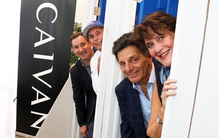 From left, Jonathan Wiseman from presenting sponsor Caivan, Chef Ric Watson from The Ottawa Mission, and Blue Door Gala co-chairs Lawrence Greenspon and Sheila Whyte at Caivan headquarters on Wednesday, Sept. 11, 2024, for the launch event of the upcoming Blue Door Gala. Photo by Caroline Phillips