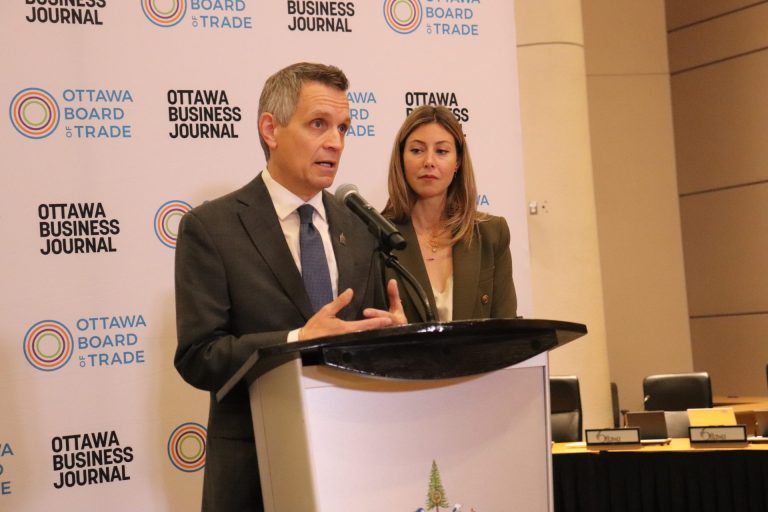 Mayor Mark Sutcliffe (left) discusses PSAC's controversial statement following the Mayor's Breakfast event Thursday morning, which featured Gatineau Mayor Maude Marquis-Bissonnette. (Photo by Mia Jensen)