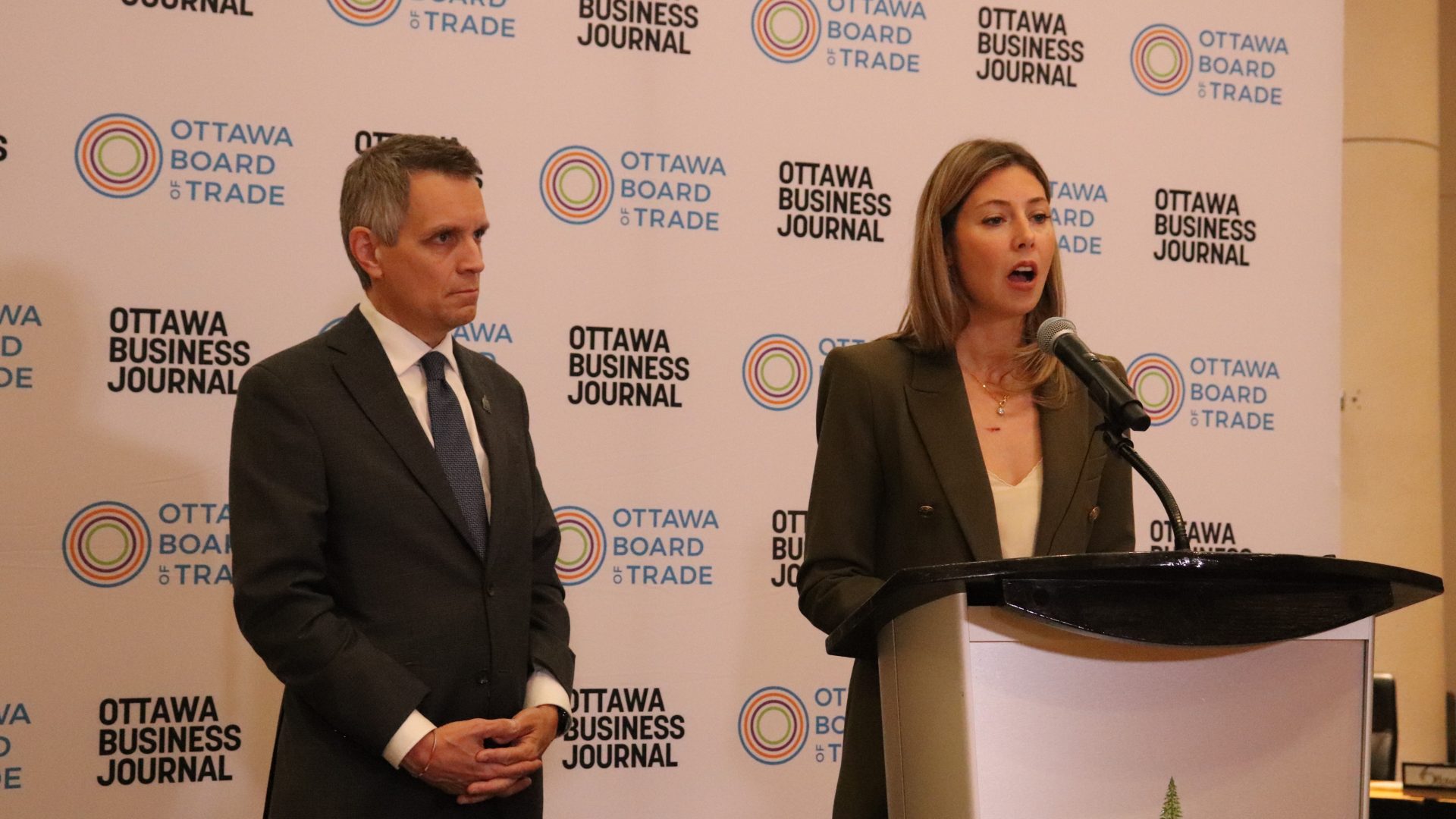 Ottawa Mayor Mark Sutcliffe and Gatineau Mayor Maude Marquis-Bissonnette at the Mayor's Breakfast Thursday morning. (Photo by Mia Jensen)