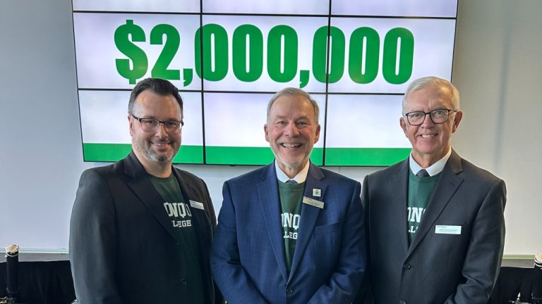 From left: Mark Savenkoff, vice-president of advancement and strategy at Algonquin College, Claude Brulé, president and CEO of Algonquin College, and Jamie McCracken board chair at Algonquin College. (Photo by Sam Laprade)