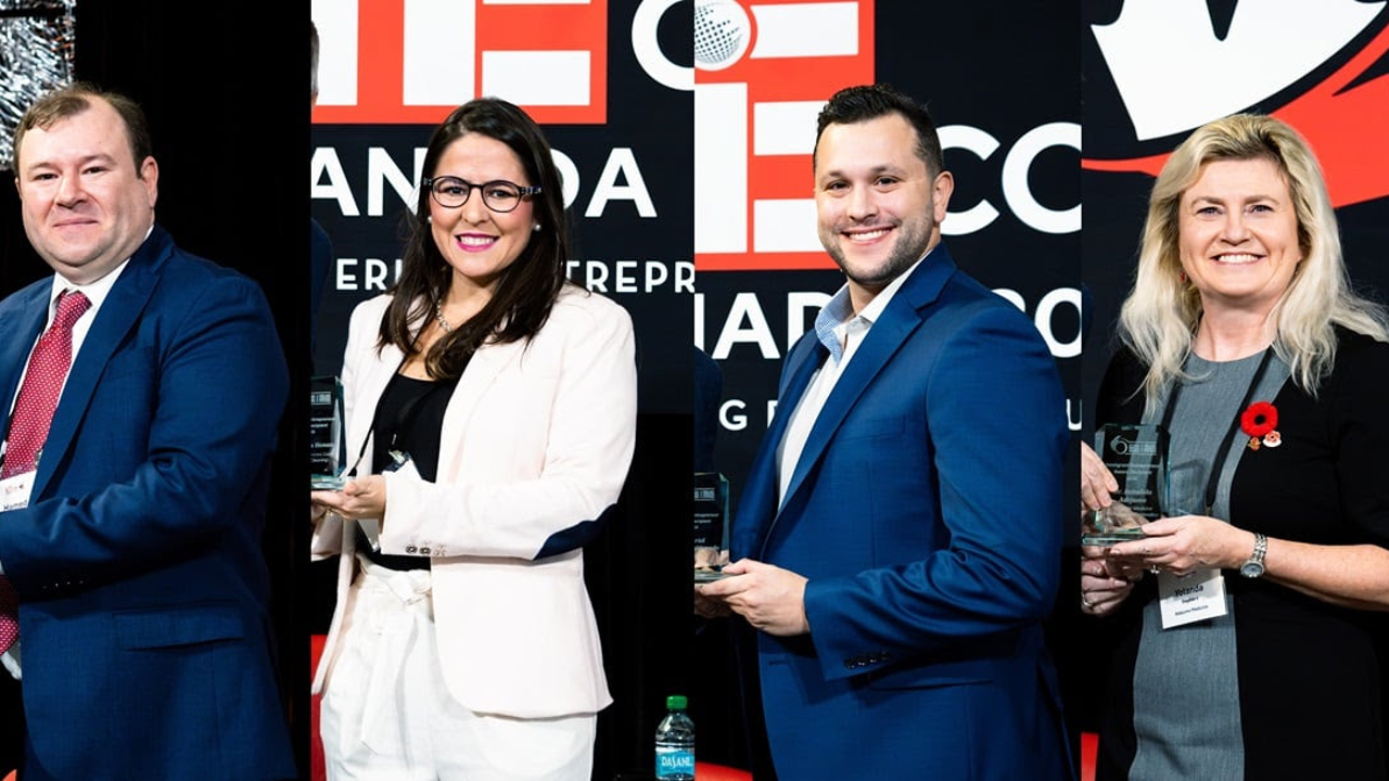 Hamed (Ed) Demyati, Catalina Henao, Gabriel Rubio Maldonado and Dr. Babalola Adejumo (not pictured, and his award accepted on his behalf by a member of his staff) are the 2024 Immigrant Entrepreneur Awards recipients. Photo by the City of Ottawa.