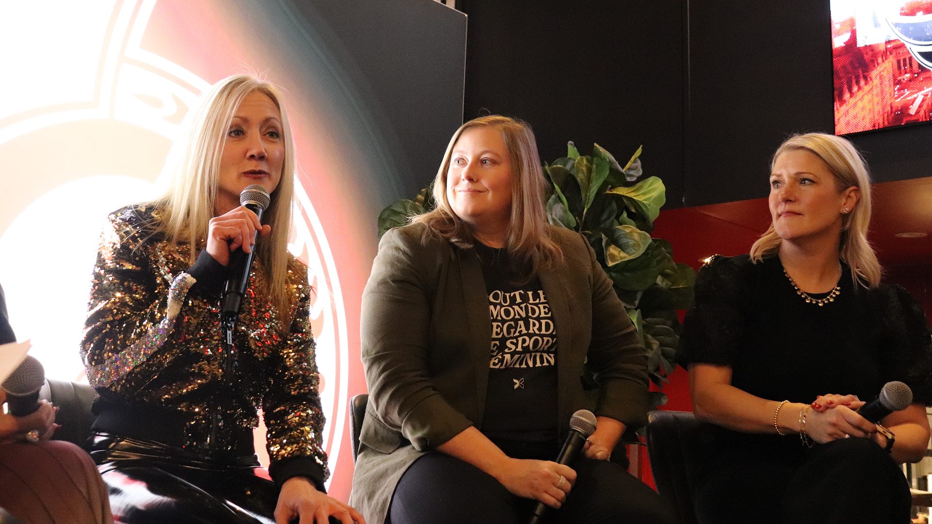 From left: Hard Rock Ottawa's Christine Crump, Canadian Tire's Ashley Curran, and Bell Media's Jodi Hamilton on the panel at Powerplay: Women in Business Night. (Photo by Mia Jensen)