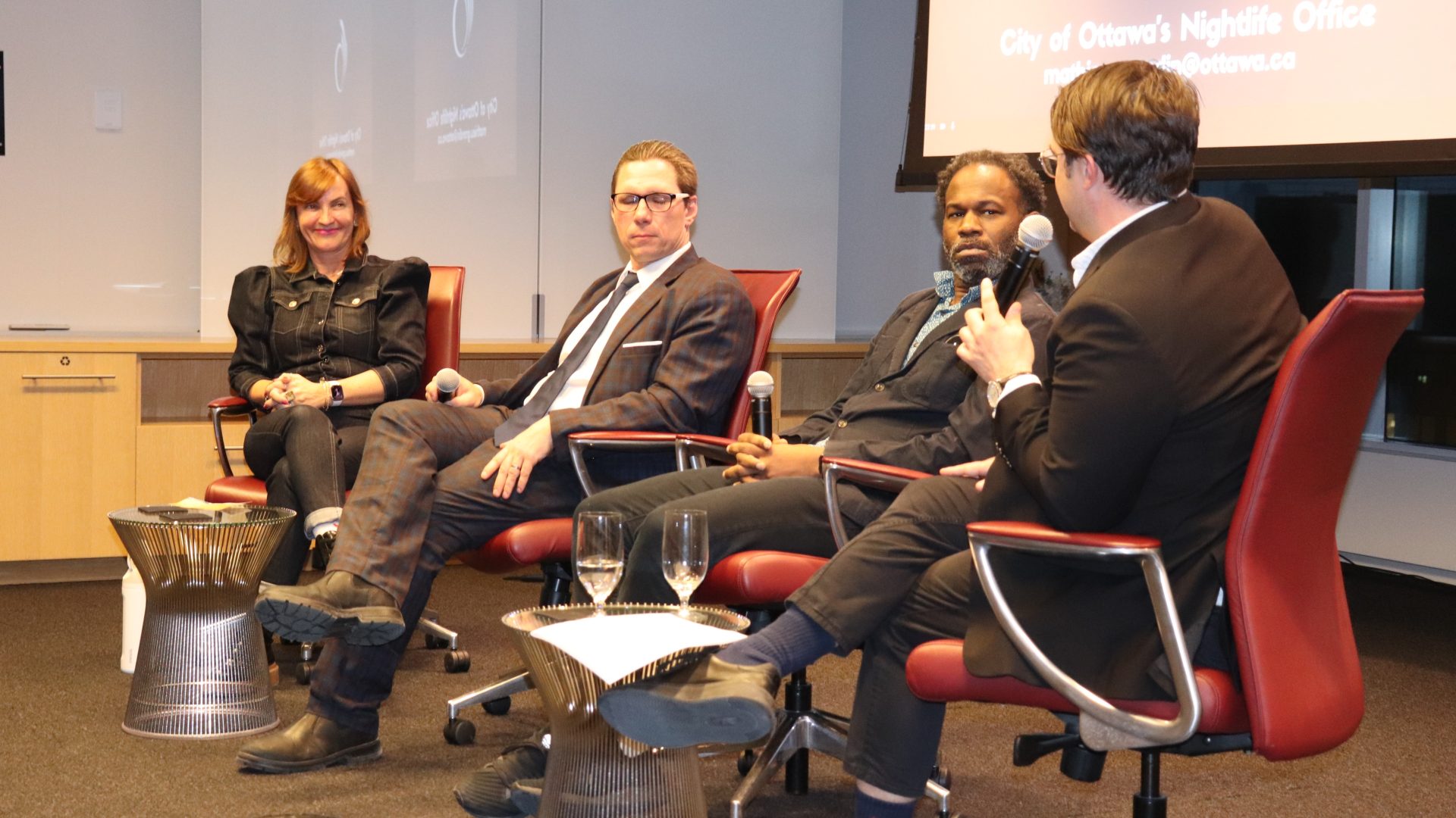 From left: Claudia Balladelli (Axe WorldFest), Bill Leonard (NCC), Kwende Kefentse (Memetic Media), and Mathieu Grondin (City of Ottawa) took part in a panel ULI Ottawa's event on the future of Ottawa's nightlife economy. Photo by Mia Jensen