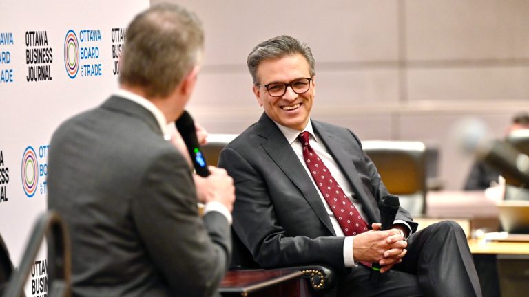 Goldy Hyder, president and CEO of the Business Council of Canada, speaking with Ottawa Mayor Mark Sutcliffe at a Mayor's Breakfast event on March 25, 2025. Photo by Mark Holleron.