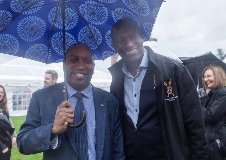 City councillor Rawlson King and MP Greg Fergus at the Ottawa Riverkeeper Gala at Jacques-Cartier Park on May 21, 2025. Photo by Tia MacPherson.