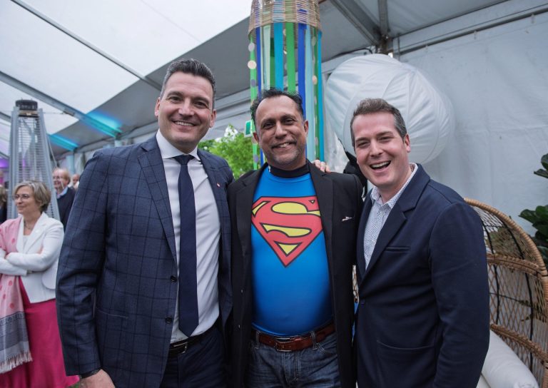 Federal minister Evan Solomon, Alykhan Abdulla, and emcee Mathieu Fleury at the Ottawa Riverkeeper Gala at Jacques-Cartier Park on May 21, 2025. Photo by Tia MacPherson.
