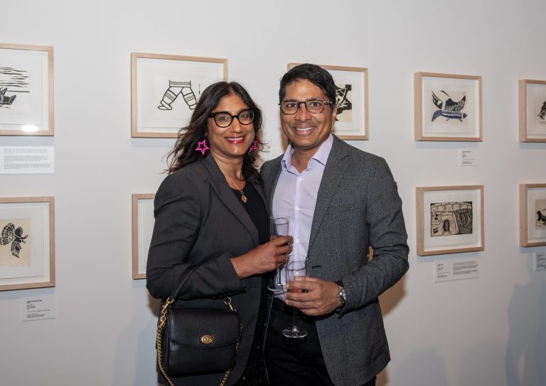 Sanjay Shah, CEO and founder of ExecHealth, and Bella Mehta, family physician, at the Ottawa Art Gallery Paint the Town Pink art auction May 29, 2025 at the OAG. Photo by Tia MacPherson.