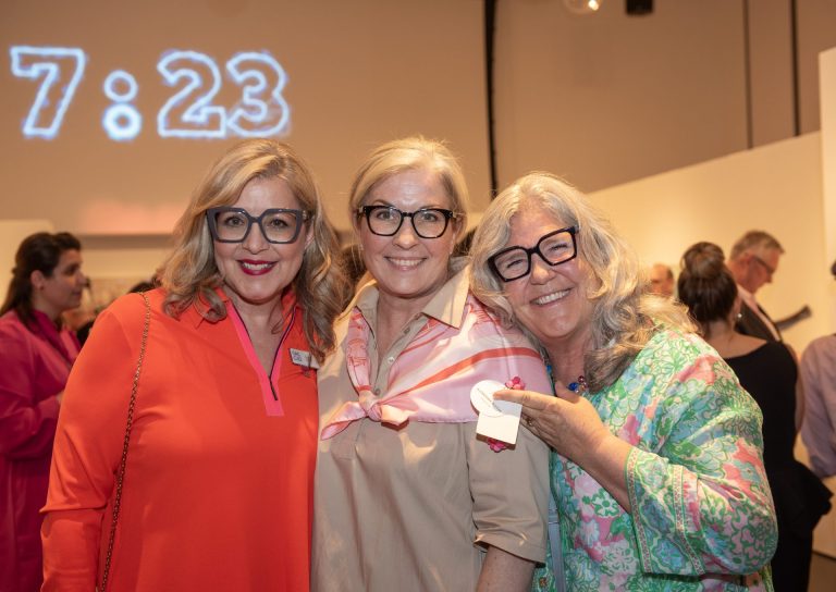 Susan Smith, Shannon MacDonald and Jen Hunter at the Ottawa Art Gallery Paint the Town Pink art auction May 29, 2025 at the OAG. Photo by Tia MacPherson.