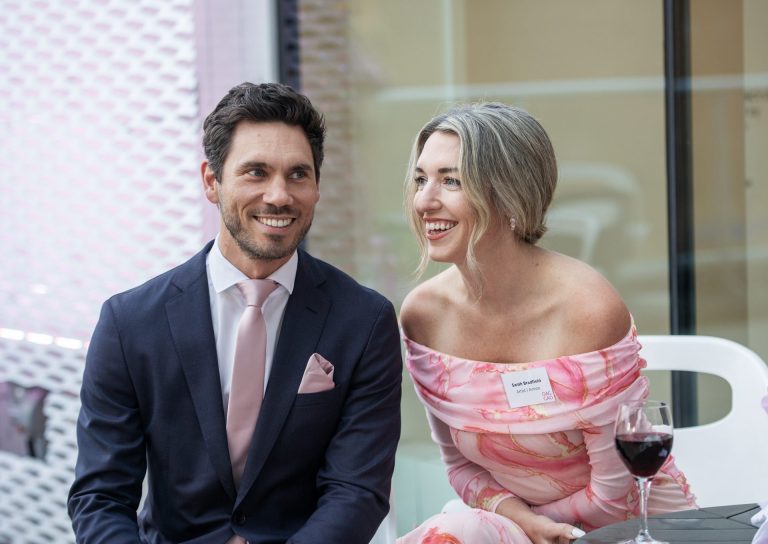 Artist Sarah Bradshaw and Matthew DiCintio, regional director of operations with Marant Construction, at the Ottawa Art Gallery Paint the Town Pink art auction May 29, 2025 at the OAG. Photo by Tia MacPherson.