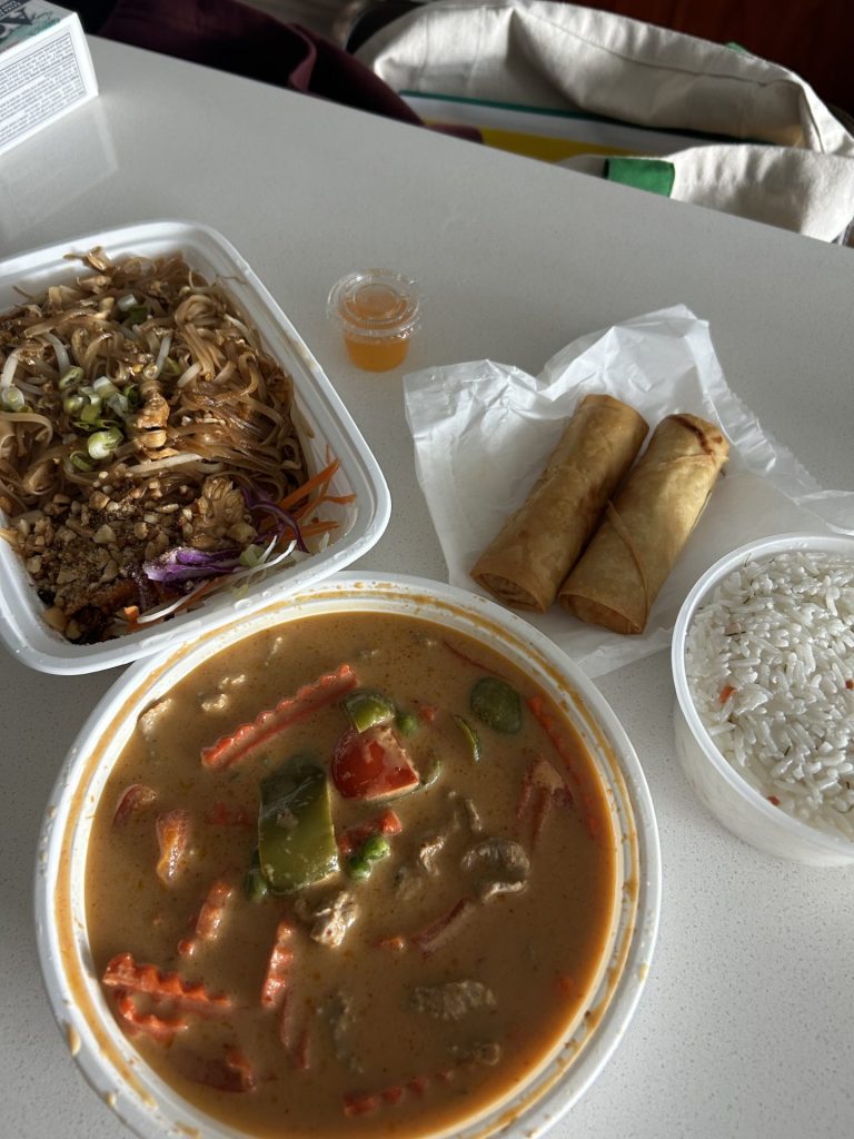 Red beef curry, coconut rice and Pad Thai from My Thai Village. Photo by Jordan Pizzuti. 