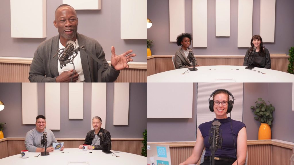 op Up Podcasting clients and their guests in the studio. Clockwise from top left: Dr. Kwadwo Kyeremanteng, host of “Solving Healthcare”; Marie Kamukuny and Kathryn LeBlanc, hosts of “The Social Impact Comms Podcast”; Krista Dicks, host of the “Radical Massage Therapist Podcast”; and guest Derek Johnstone with Sebastien Bezeau, host of “Union Safety Net”.