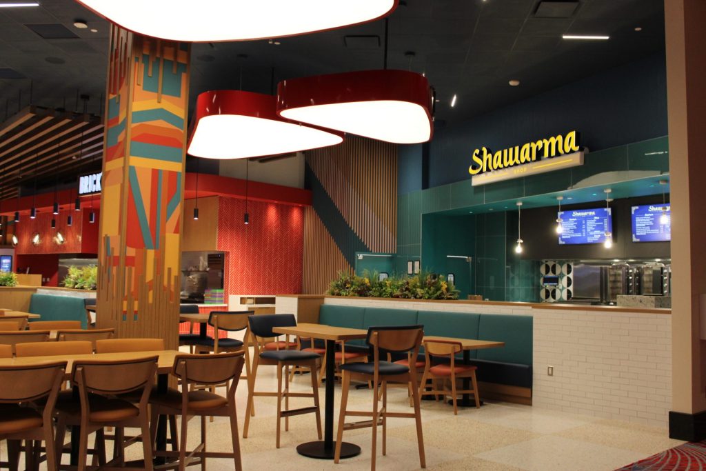 The Marketplace dining location features Brick’d Italian Kitchen, Constant Grind, the Marketplace Center Bar and Shawarma Shop, a nod to the city’s popular food item. Photo by Marissa Galko.