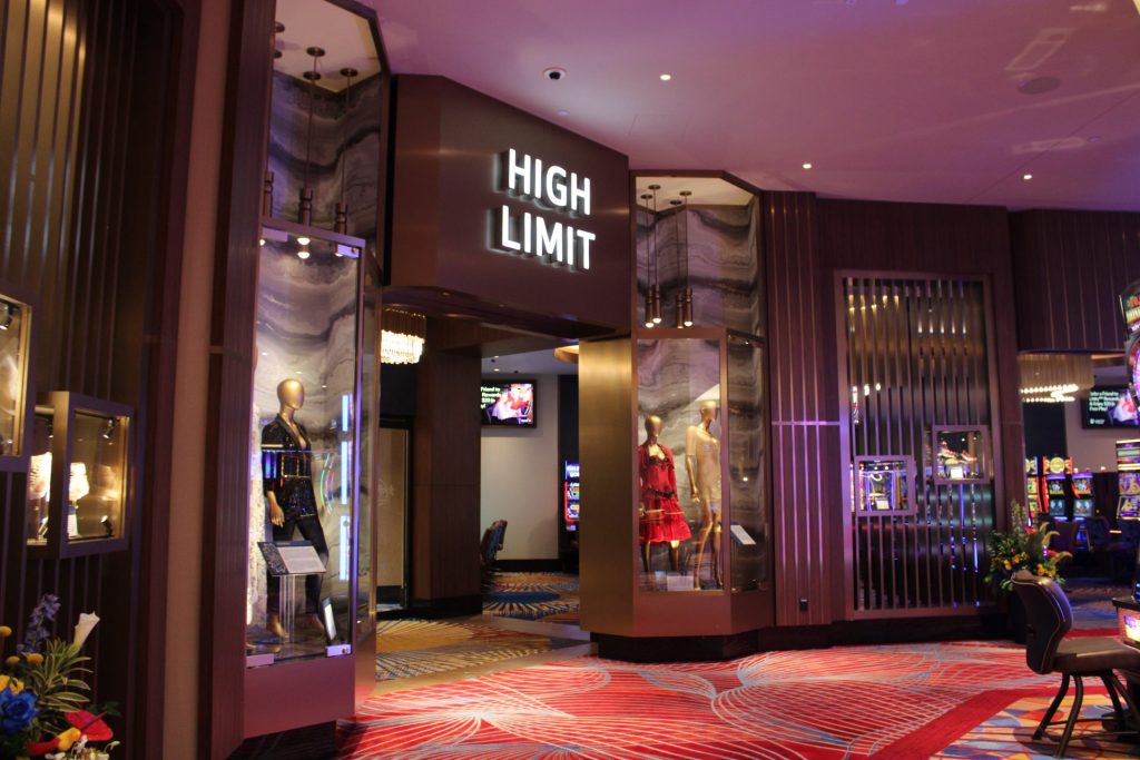 The entrance to the high limit area, where bids start at $100, surrounded by dresses worn by Madonna, Shakira, Rihanna and Britney Spears during Canadian performances. Photo by Marissa Galko.