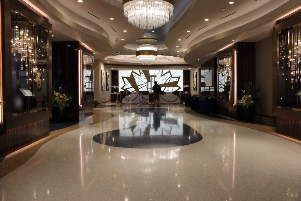 The lobby and hotel check-in of the Hard Rock Hotel, flanked by items from Mick Jagger, Carrie Underwood, Alicia Keys and Michael Bublé. Photo by Marissa Galko.