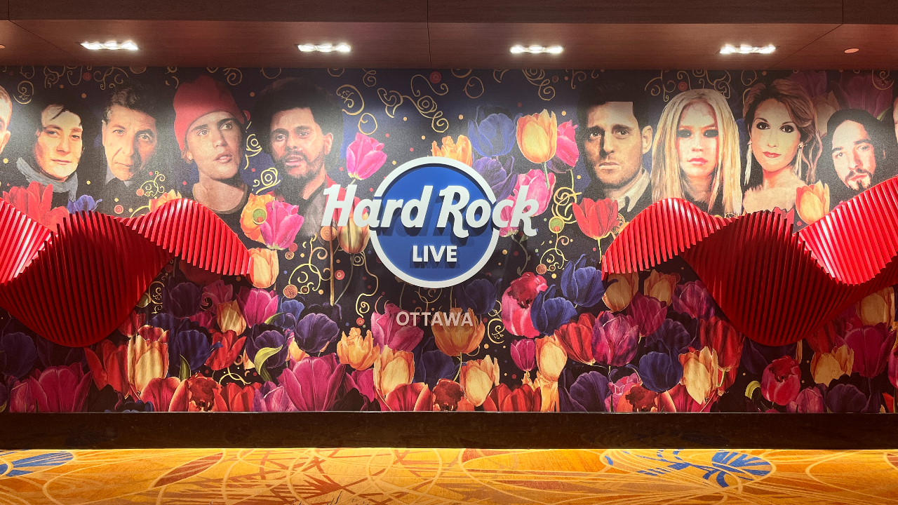 The lobby to Hard Rock Live, the concert venue. The red undulating pattern is meant to represent the Ottawa hills, made by a Toronto-based artist. Photo by Marissa Galko.