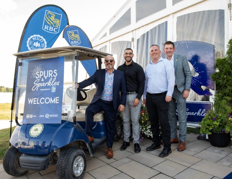 Dion Farention, RBC and QCH Foundation board member as well as participant; with Yasser Ghazi, RBC vice-president, commercial financial services; Trevor Stevenson, senior manager physical network delivery; and Justin Schurman, regional vice-president, business financial services at Spurs & Sparkles for QCH Foundation at Wesley Clover Park, August 13, 2025.Photo by Tia MacPherson.