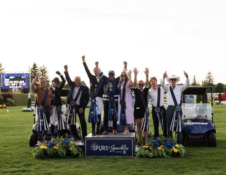 On the podium Team Terlin: Terry Marcotte, formerly of CTV Ottawa, rider Mathilde Candele and business leader Terry McLaughlin, president of Terlin Construction. Winning Team Team RBC: Rider Amy Millar, Dion Farentino, regional vice-president of RBC and a QCH Foundation board member, and Melissa Lamb, co-host of CTV Morning Live. Next to them is team Mark Motors Group: Liza Mrak, executive vice-president of Mark Motors Group and Ian Millar, ten-time Olympian and Canadian show jumping icon, and rider Sloan Letimonier. Photo by Tia MacPherson.