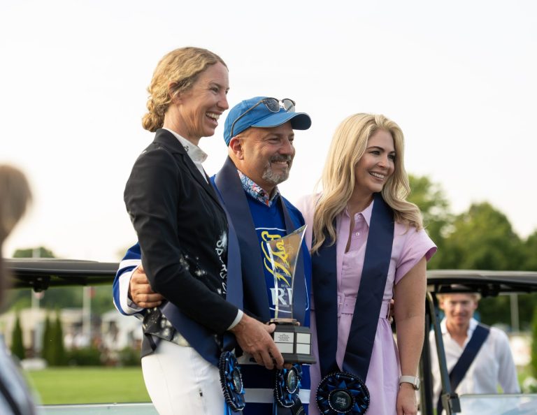 Team RBC came in first place, winning the Get Up and Gallop Competition: rider Amy Millar (two-time Olympic show jumper), Dion Farentino (RBC regional vice-president), and Melissa Lamb, co-host of CTV Morning Live, Spurs & Sparkles for QCH Foundation at Wesley Clover Park, August 13, 2025. Photo by Tia MacPherson.