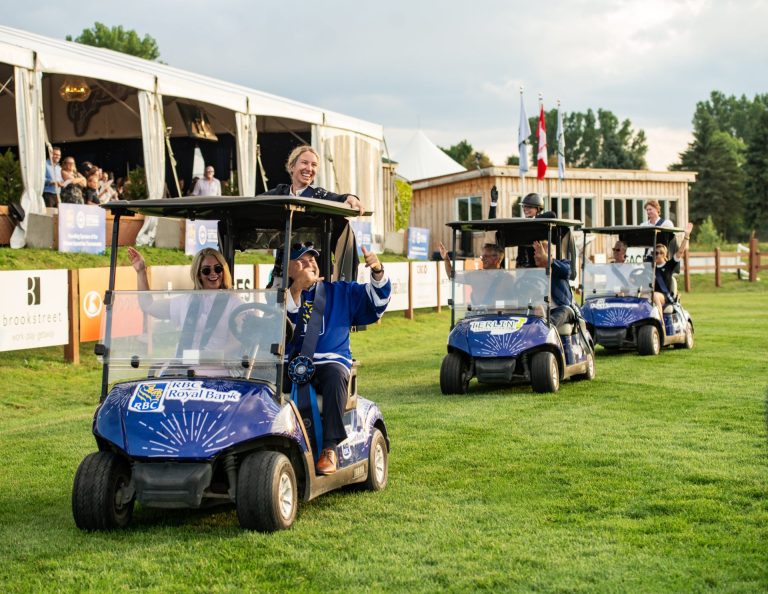Golf cart procession of the Get Up and Gallop Competition winning teams, Spurs & Sparkles for QCH Foundation at Wesley Clover Park, August 13, 2025. Photo by Tia MacPherson.