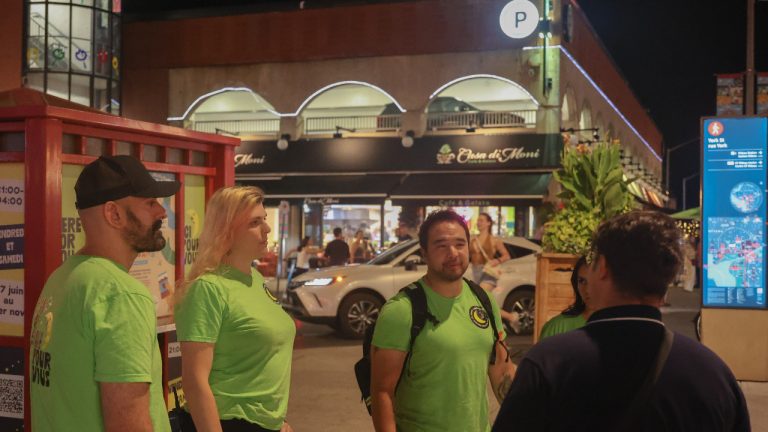 Nathan Kwok (centre) and other night ambassadors speaking with nightlife commissioner Mathieu Grondin. Photo supplied by BMDA.
