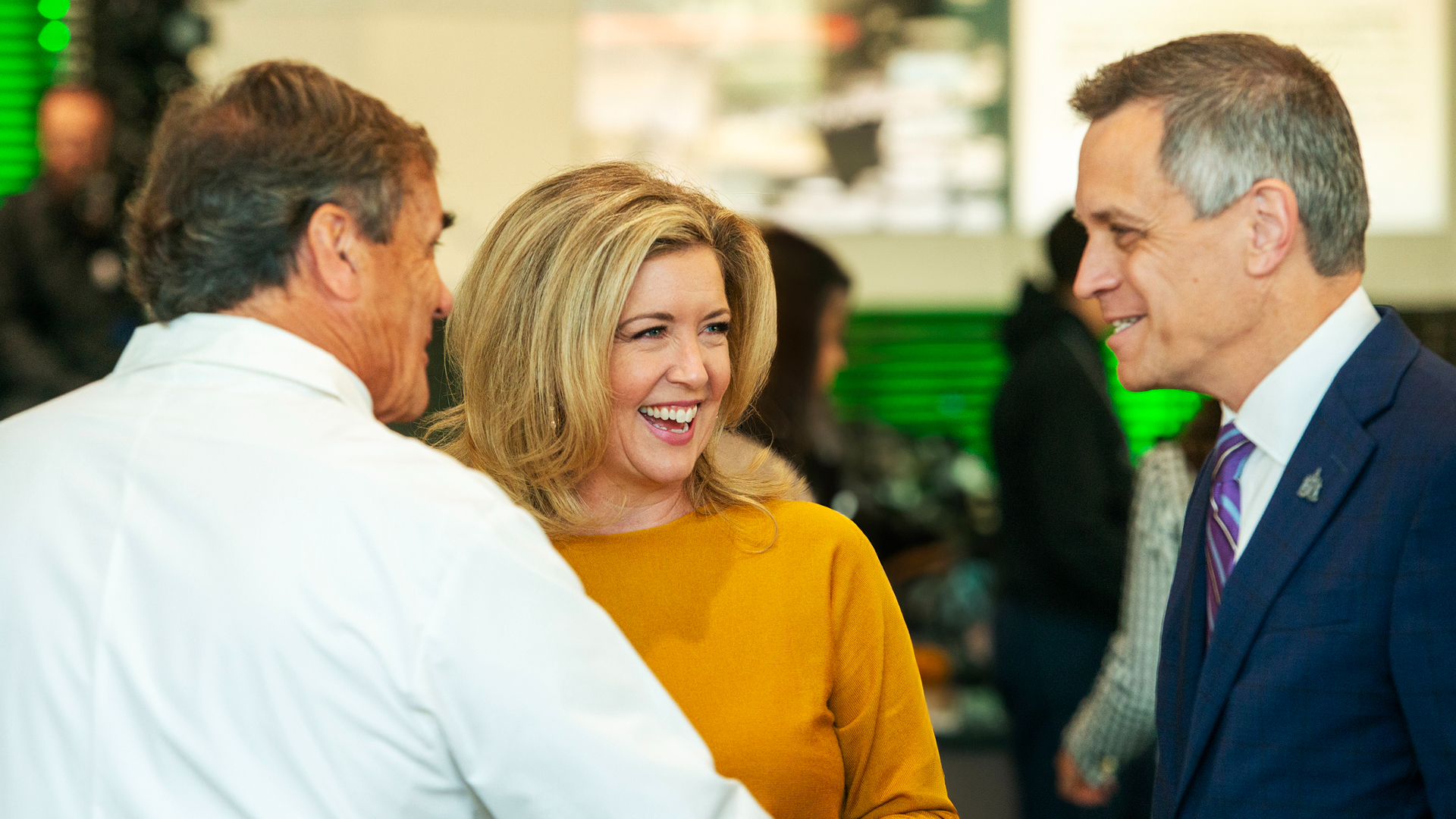 Catherine Clark (Catherine Clark Communications, board member with The Ottawa Hospital) and Mayor Mark Sutcliffe meeting GBA Group president Graham Bird at The 24th President’s Breakfast in support of The Ottawa Hospital, The Rogers Center, September 9th, 2025.