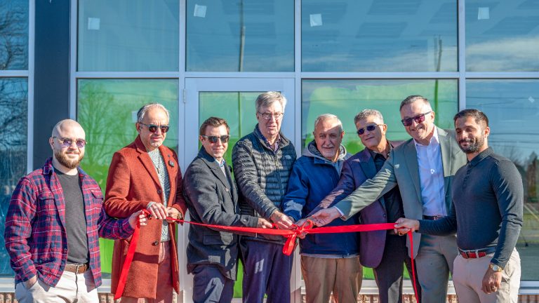 Community leaders come together for the ribbon-cutting ceremony at Dunrobin Plaza on Oct. 29, 2025. From left to right: Elias Tayar, Wadah Al-Ghosen, Kelly Clarke, Jim Watson, Eli El-Chantiry, Ratib Okal, Georges Tayar, Alie Mansour. Photo provided by Wadah Al-Ghosen.